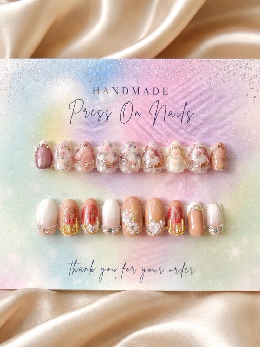 Handmade Press-On Nail Set in Blush, Pink, and Ivory